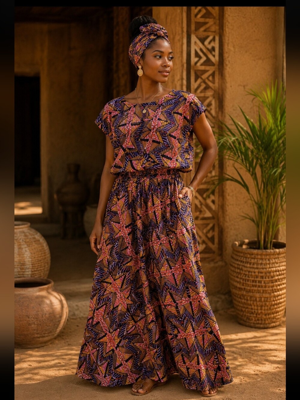 African Print Maxi Dress & Head Wrap Set - Size L - Multicolor Geometric Pattern
